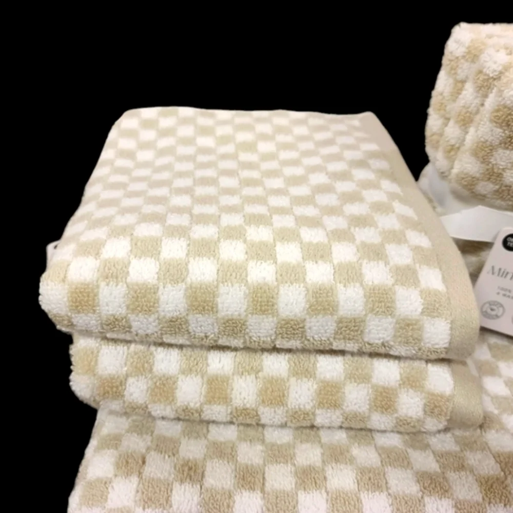 8pc Mind on Design Tan White Check Zero Twist Bath Hand Washcloth Towel Set NEW